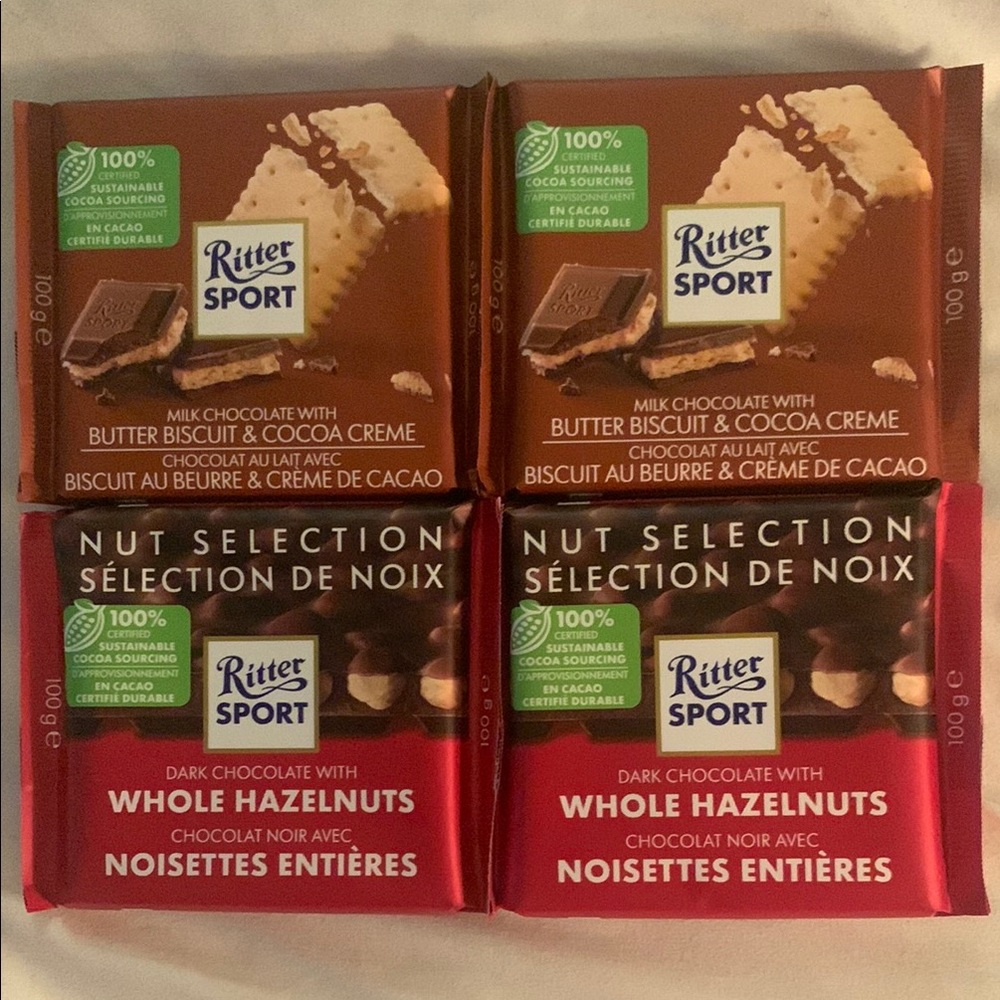 Ritter Sport Chocolate Variety Pack 2 Dark W/ Hazelnut 2 Butter Biscuit